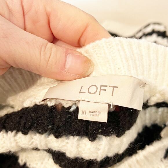 LOFT Striped Long Sleeve Pointelle Knit Ruffle Shoulder Sweater White Black XL - Picture 2 of 5